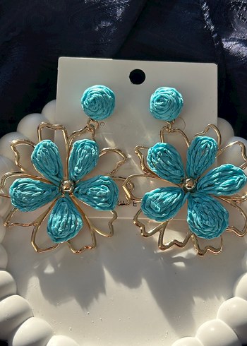 Turkuaz İşlemeli Boncuklu Mini Çiçek Küpe - Görsel 2