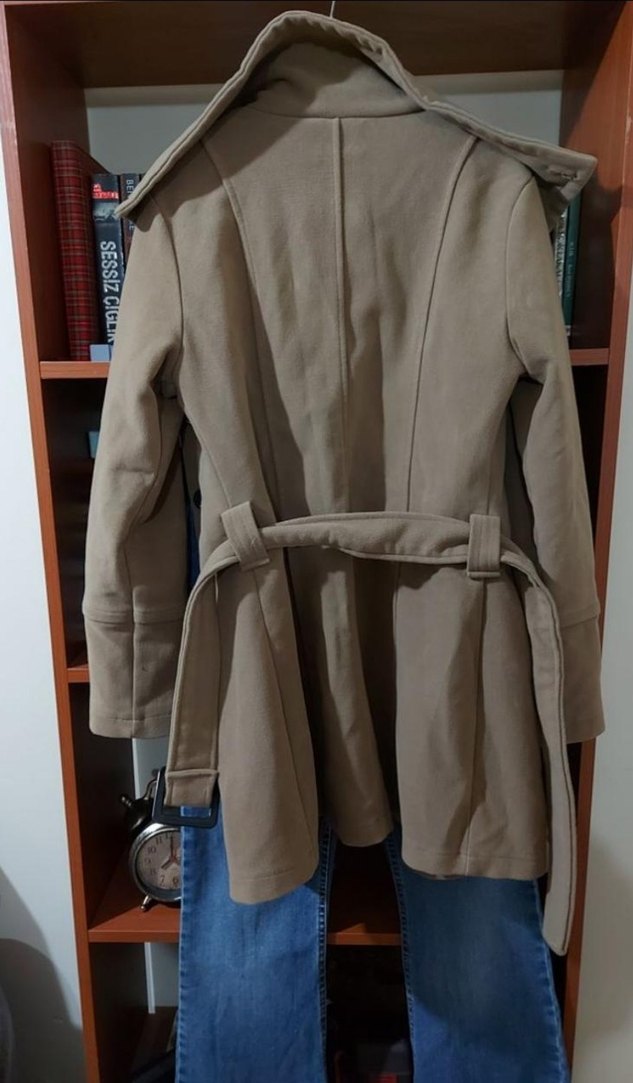 camel renk Kemerli Midi Kadın Kaban - Görsel 2