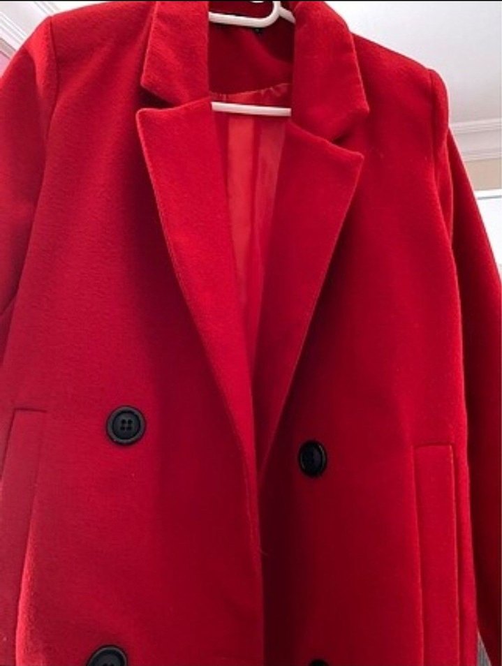 Kırmızı Çift Düğmeli Kadın Kaban - Görsel 5