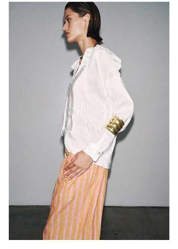 V Yaka Beyaz Keten ipek Bohem Gömlek - Görsel 3