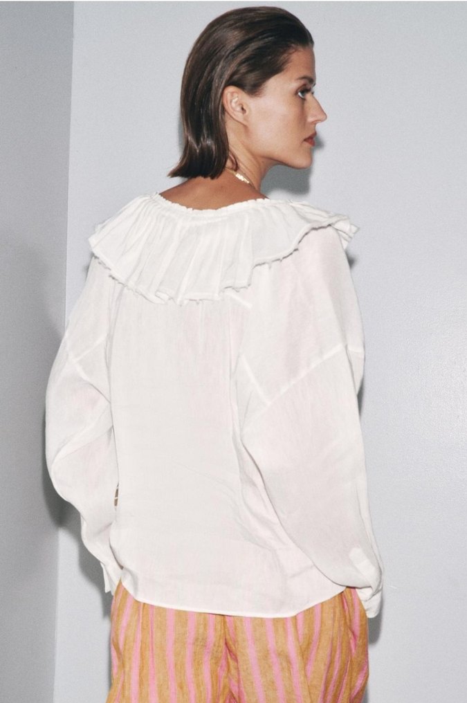 V Yaka Beyaz Keten ipek Bohem Gömlek - Görsel 2