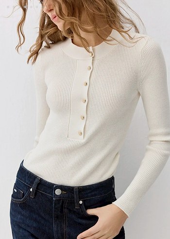 Düğmeli Ekru Kadın Triko - Görsel 4