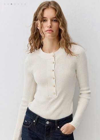 Düğmeli Ekru Kadın Triko - Görsel 3