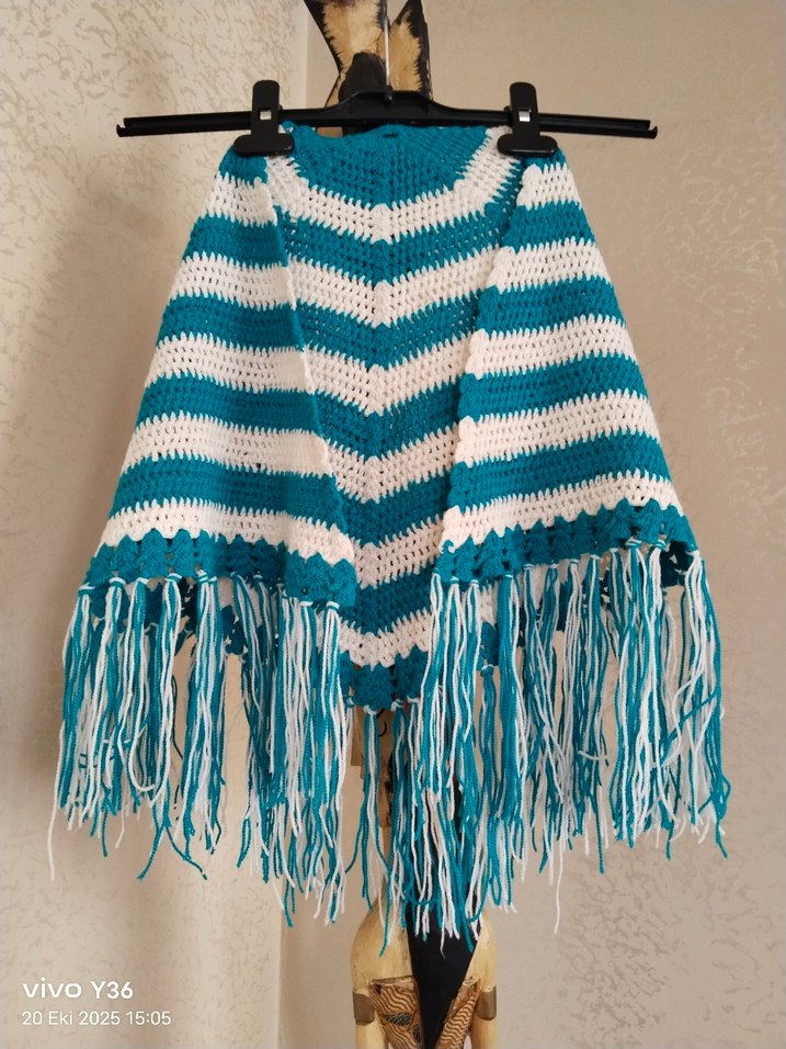 Çizgili el örgüsü Kız Panço&şal - Görsel 4
