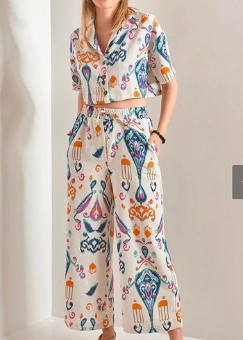 SHADE  Etnik desen Keten Crop gömlek pantolon Takım - Görsel 2