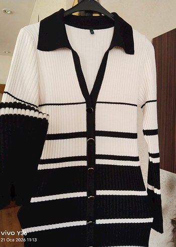 Çizgili Uzun Kollu Triko Midi Elbise - Görsel 7