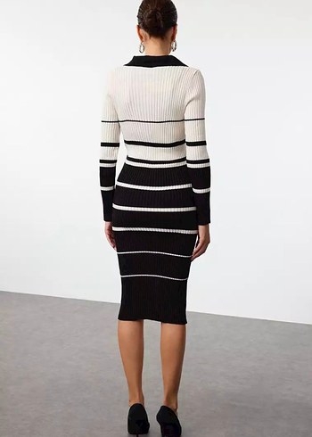 Çizgili Uzun Kollu Triko Midi Elbise - Görsel 3