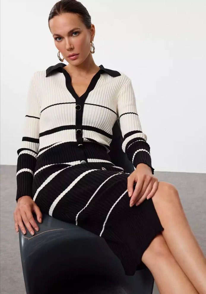 Çizgili Uzun Kollu Triko Midi Elbise - Görsel 4