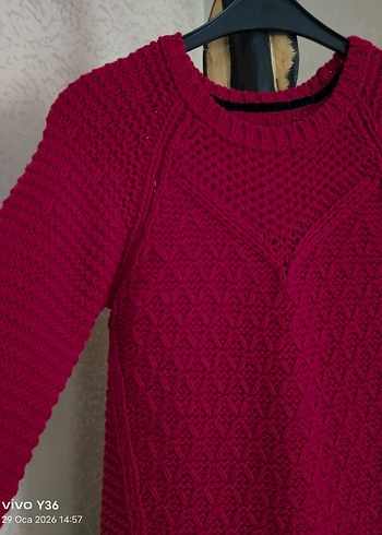 Koyu Kırmizi İtalyan Kol Triko Elbise - Görsel 7
