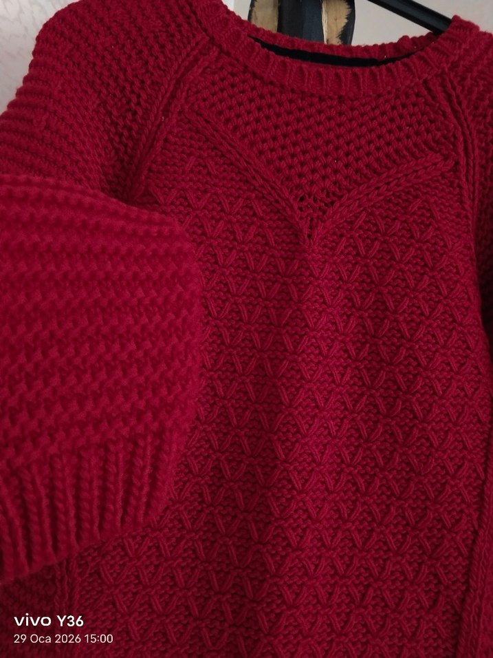 Koyu Kırmizi İtalyan Kol Triko Elbise - Görsel 3