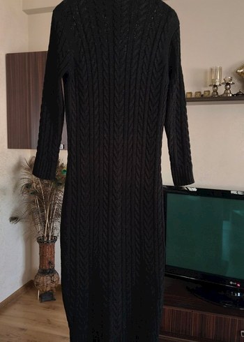 Siyah Yüksek Yakalı Triko Uzun Elbise - Görsel 7