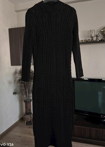 Siyah Yüksek Yakalı Triko Uzun Elbise - Görsel 3