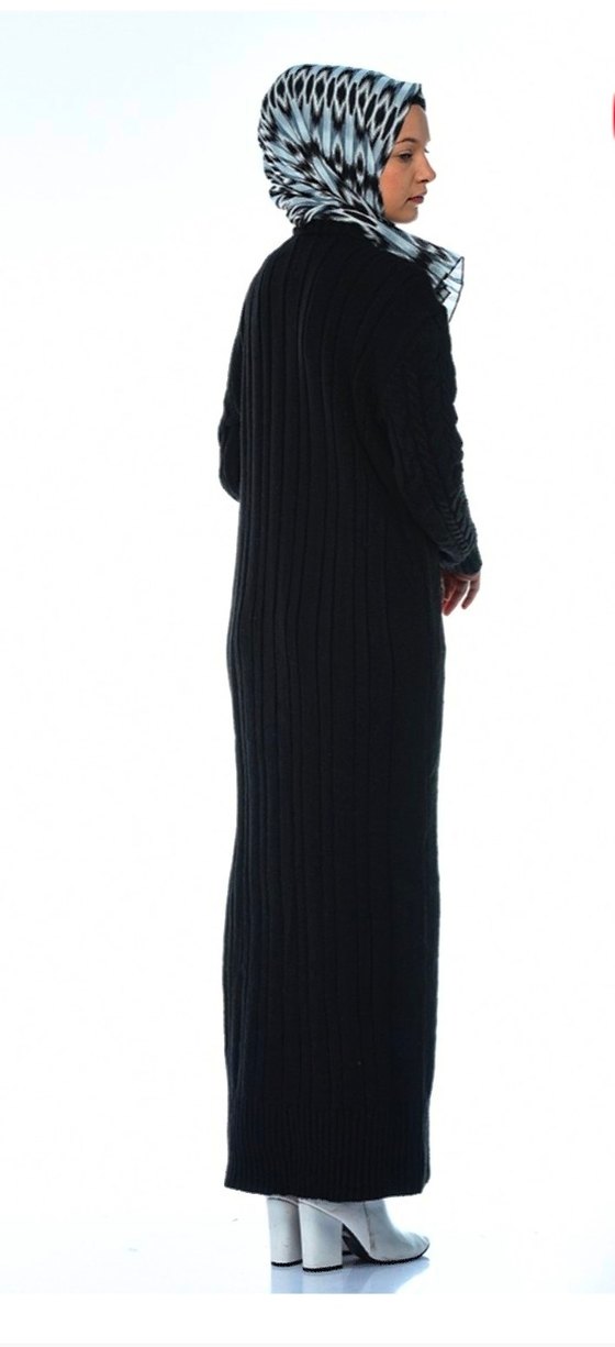 Siyah Yüksek Yakalı Triko Uzun Elbise - Görsel 2