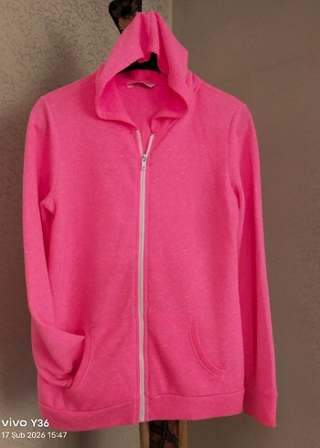 Fermuarlı Neon Pembe Kadın Sweatshirt - Görsel 2