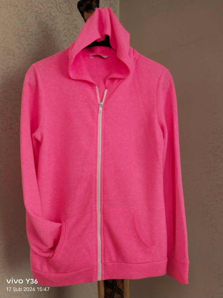Fermuarlı Neon Pembe Kadın Sweatshirt - Görsel 2