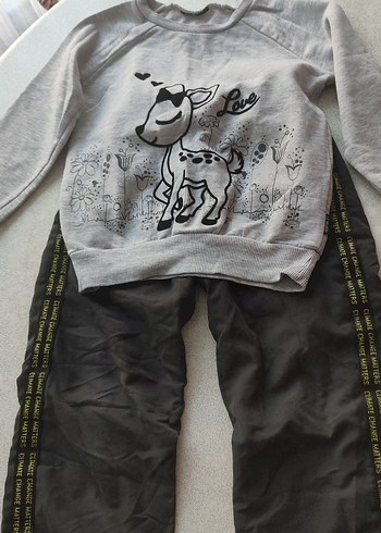 Kız Çocuk Gri Baskılı Triko Sweatshirt ve Eşofman
