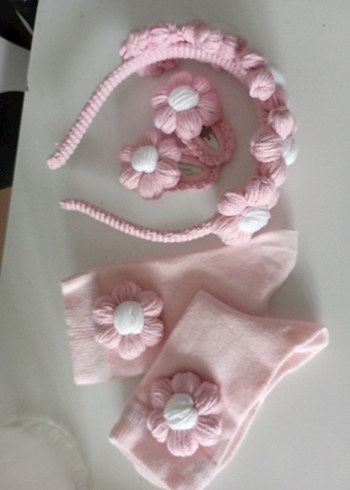 Nakışlı Pembe Örgü Çiçekli Çocuk Saç Aksesuarı - Görsel 4