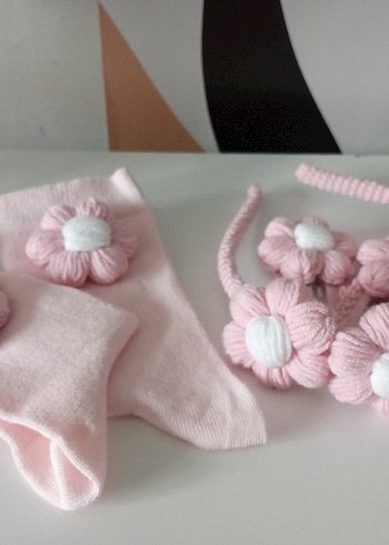 Nakışlı Pembe Örgü Çiçekli Çocuk Saç Aksesuarı - Görsel 5