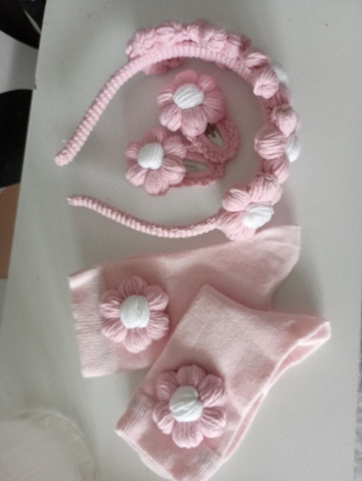 Nakışlı Pembe Örgü Çiçekli Çocuk Saç Aksesuarı - Görsel 4