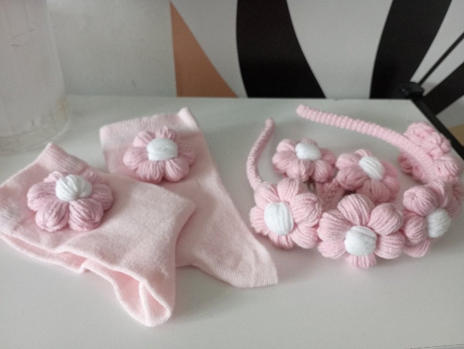 Nakışlı Pembe Örgü Çiçekli Çocuk Saç Aksesuarı - Görsel 5