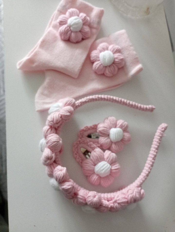 Nakışlı Pembe Örgü Çiçekli Çocuk Saç Aksesuarı - Görsel 3