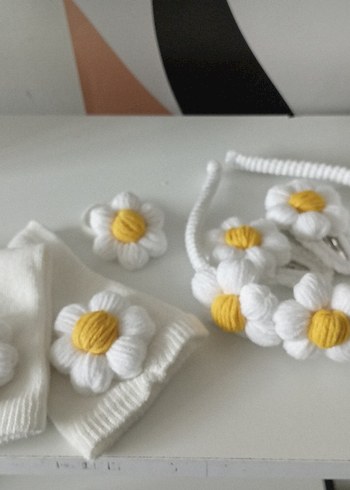 Beyaz Örgü Çiçekli Bohem Saç Aksesuarları - Görsel 6