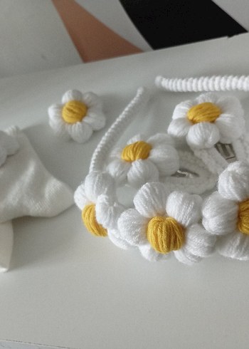 Beyaz Örgü Çiçekli Bohem Saç Aksesuarları - Görsel 7