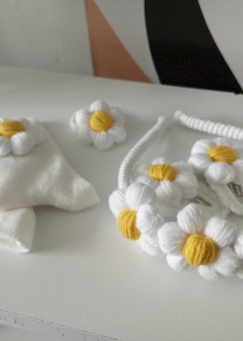 Beyaz Örgü Çiçekli Bohem Saç Aksesuarları - Görsel 5