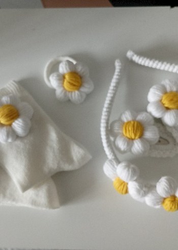 Beyaz Örgü Çiçekli Bohem Saç Aksesuarları - Görsel 4