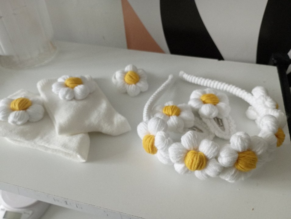 Beyaz Örgü Çiçekli Bohem Saç Aksesuarları - Görsel 5