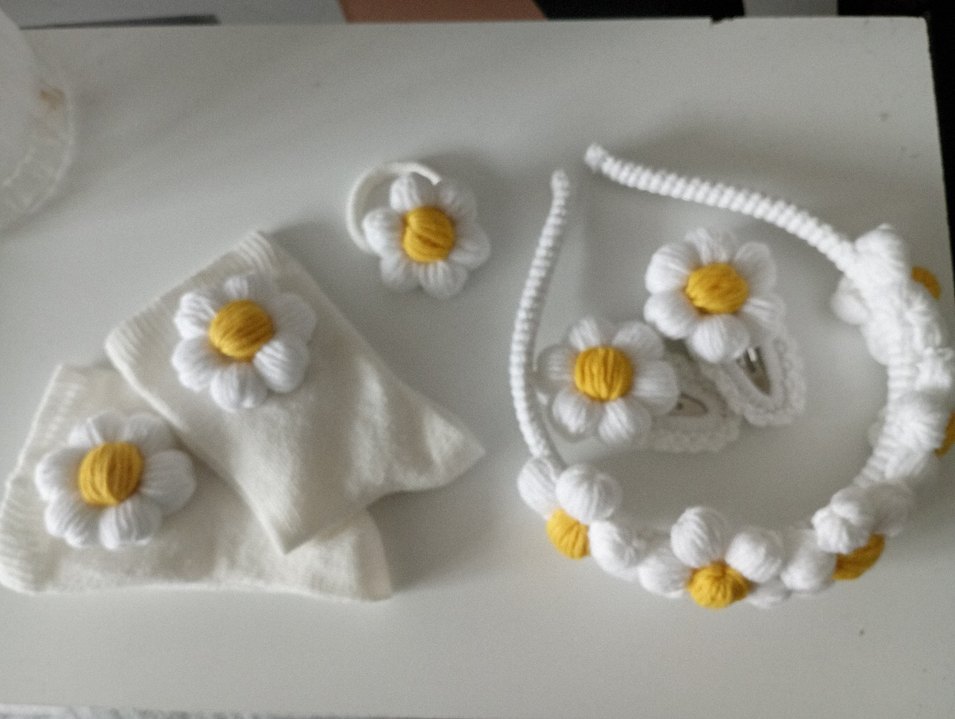 Beyaz Örgü Çiçekli Bohem Saç Aksesuarları - Görsel 4