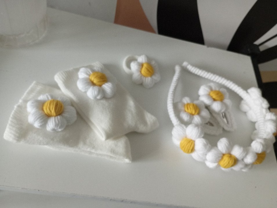 Beyaz Örgü Çiçekli Bohem Saç Aksesuarları - Görsel 3