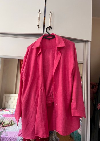 Pembe Keten Gömlek, Düğmeli, Rahat Kesim