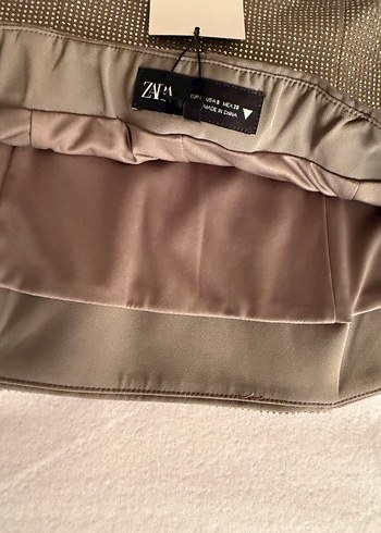 Zara Parlak Pul İşlemeli Gri Straplez Mini Elbise zara sıfır
