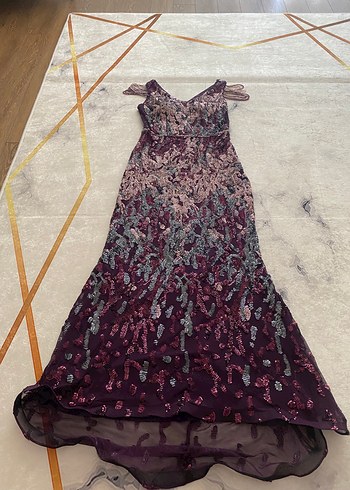44 Beden bordo Renk Bordo Batik Desenli Uzun Bohem Abiye Elbise