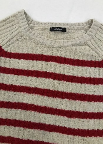 Çizgili Bej Kırmızı Triko Kadın Kazak - Görsel 2