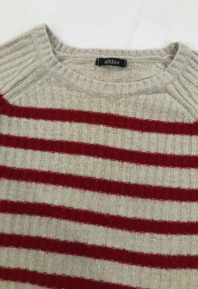 Çizgili Bej Kırmızı Triko Kadın Kazak - Görsel 2