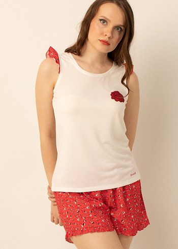 Beyaz Bağlama Desenli Kolsuz Mini Pijama Takımı