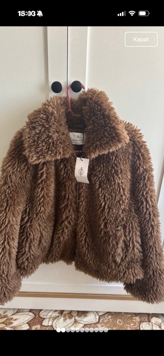 Kahverengi Yünlü Kürk Detaylı Midi Ceket - Görsel 3