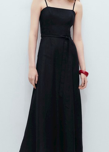 Siyah Uzun Askılı Kemerli Elbise - Görsel 6