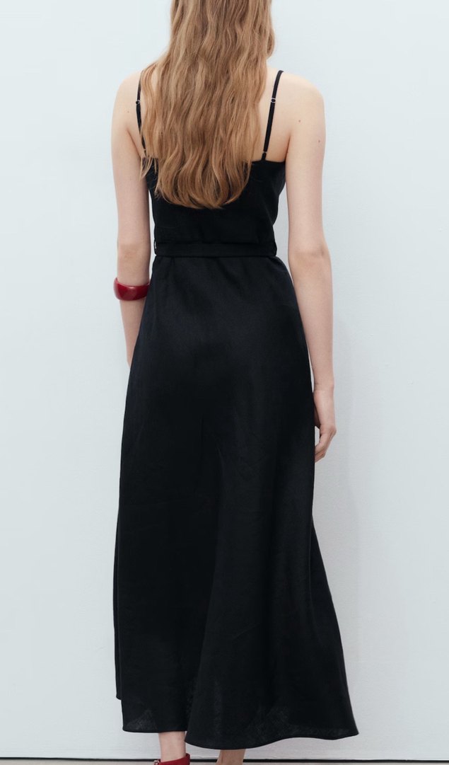 Siyah Uzun Askılı Kemerli Elbise - Görsel 5