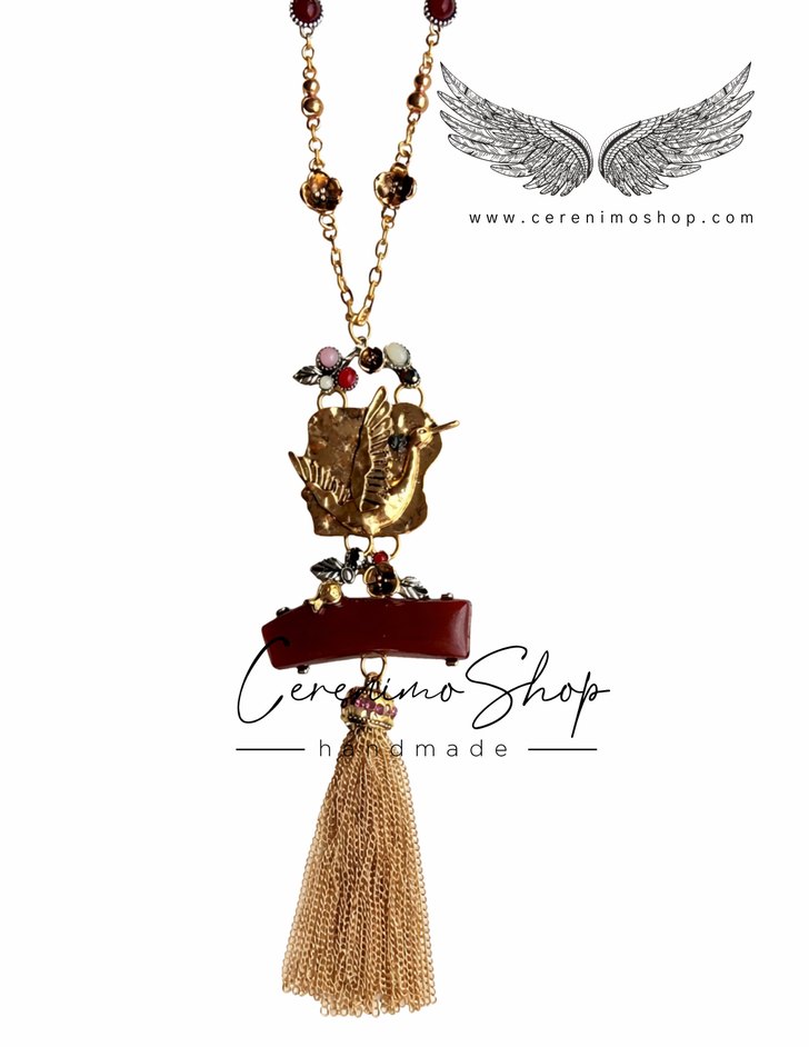 Bordo Bohem Püsküllü Uzun Kolye - Görsel 3