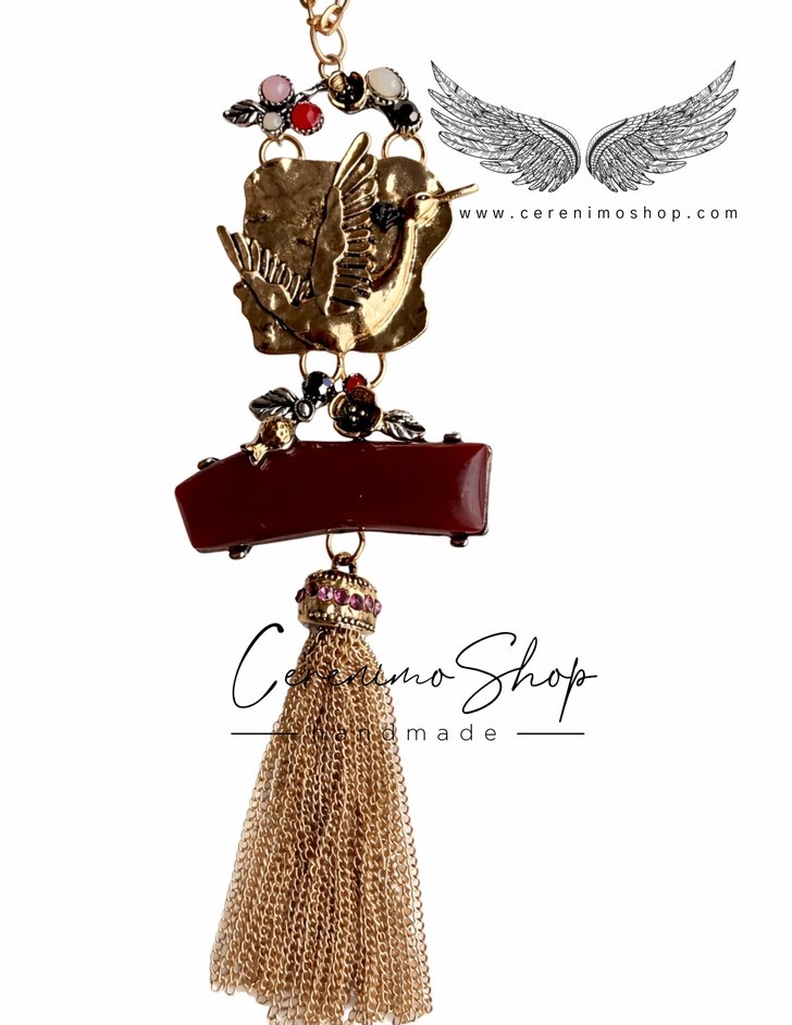 Bordo Bohem Püsküllü Uzun Kolye - Görsel 2