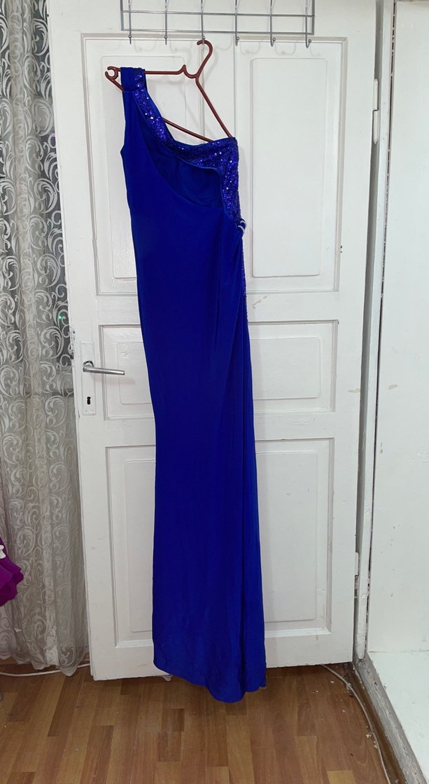 Parlak Mavi Drapeli Uzun Abiye Elbise - Görsel 4