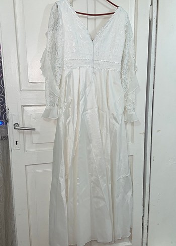 Uzun Kollu V Yaka Beyaz Elbise - Görsel 3