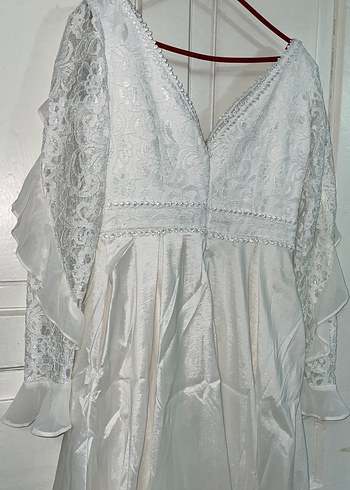 Uzun Kollu V Yaka Beyaz Elbise - Görsel 4