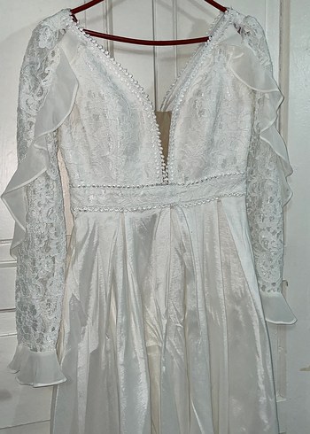 Uzun Kollu V Yaka Beyaz Elbise - Görsel 2