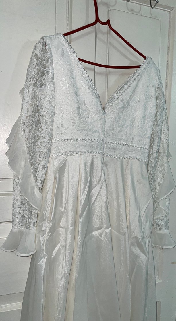 Uzun Kollu V Yaka Beyaz Elbise - Görsel 4