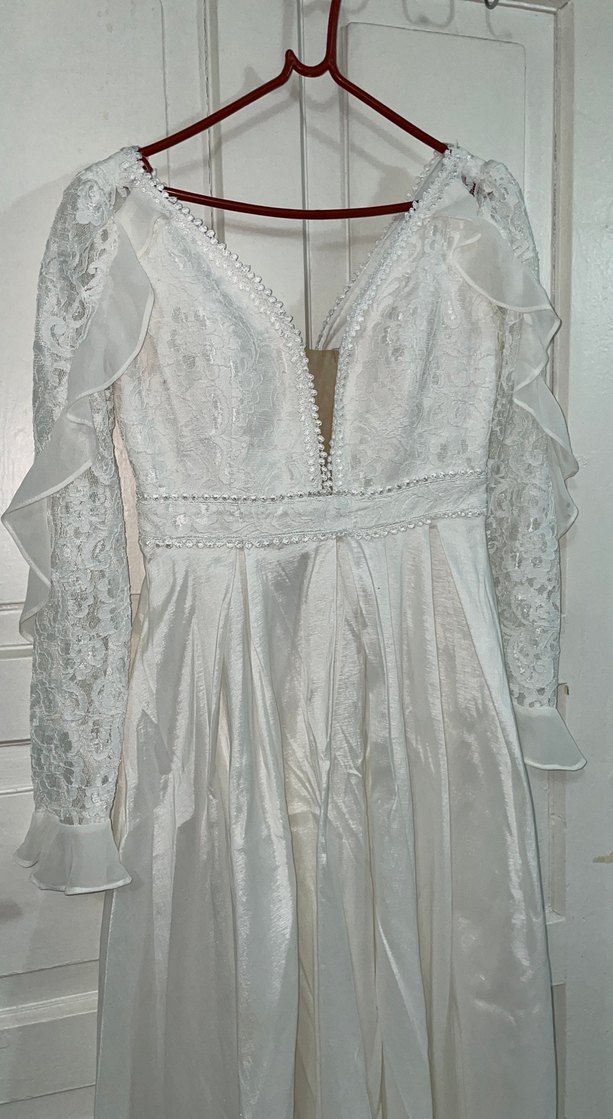 Uzun Kollu V Yaka Beyaz Elbise - Görsel 2