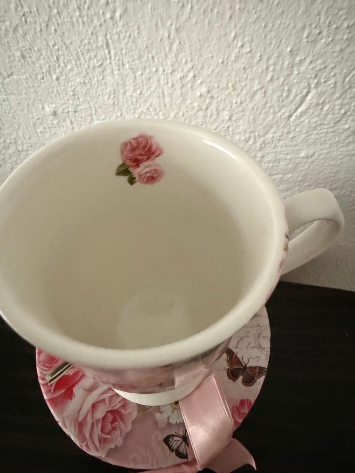 Pastel Pembe Kuş Desenli Porselen Fincan - Görsel 2